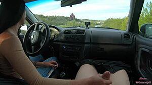 Girlfriend's Huge Cock Handjob in Public Road Car