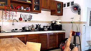 curvy housewife strips pantyhose in kitchen as naked maid orgasms cooking with ripped clothes