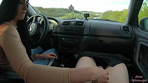 Girlfriend's Huge Cock Handjob in Public Road Car