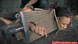 Bound Ebony Submissive Spanked Hard in Pillory with Deepthroat and Anal Fingering