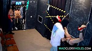 Amateur Milf Sucks Monster Cocks Through Glory Hole Then Gets Bent Over for Gangbang Fucks