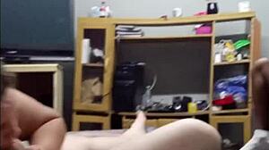 Wife skips cleaning to suck my cock with her saggy tits out.