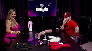 she rubs vibrator on wet pussy after bathroom fuck talk in liberal couple casting