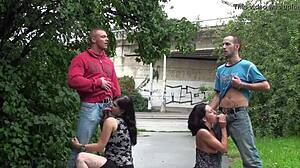 Pregnant slut and petite cutie fucked in street orgy?