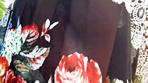 hairy mature flashes beaver through see-through dress outdoors