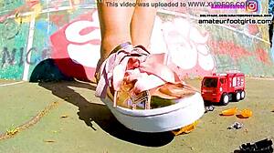 Kati the giantess crushes toy cars stomping plastic under sneakers