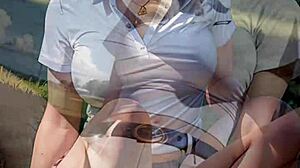 Blonde flashes wet pussy under skirt on golf field