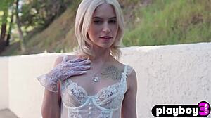 tiny blonde strips garden lingerie rips bubble butt posing