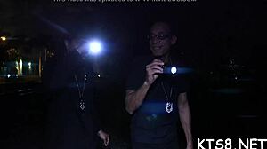 Ladyboy's big ass gapes wide from monster cock dildo tunneling ass to mouth blowjob finish.