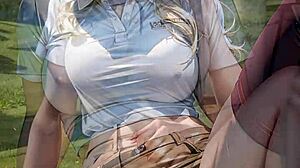 Blonde flashes wet pussy under skirt on golf field