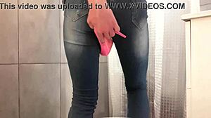 desperate housewife soaks jeans and pink high heels with gushing pee fetish stream