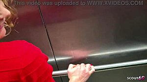 Wow! Curly German wife risks quick cheating fuck in public elevator