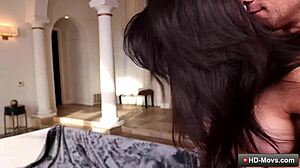 hot busty brunette slut rubs clit while massive dick pounds her butthole