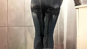 desperate housewife soaks jeans and pink high heels with gushing pee fetish stream