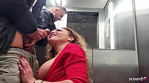 Wow! Curly German wife risks quick cheating fuck in public elevator