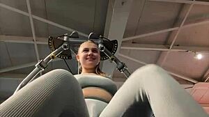 blonde teen shakes with overwhelming pleasure masturbating hard in the gym