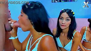 Stepdad's eyes widen as slutty stepsisters team up for his deepthroat surprise