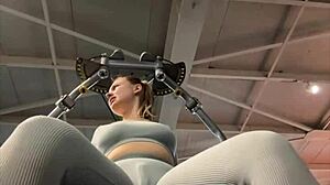 blonde teen shakes with overwhelming pleasure masturbating hard in the gym