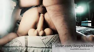 bbw mature takes dildo deep in pussy while huge cock pounds her fat ass creampie