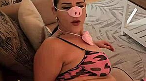 Miss Raquel's Naughty Halloween Piggy Chokes Gags Spits on Big Cock in Wet Latina Milf Cosplay