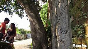 damn check out these huge tits bouncing while she sucks cock outdoors till massive cumshot