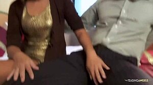 Horny Short Hair Asian Slut In Golden Dress Moans Loud Riding Cock With Pussy Fingering