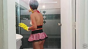 i love watching my stepbrother's cock throb hard while i clean in miniskirt and lingerie