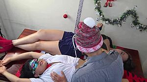 Christmas FFM Threesome Fulfills Wish with Two Beautiful Big Tit Women