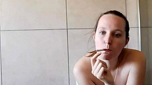 cute skinny neighbor smokes solo in homemade bathroom fetish clip