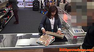 CURVY PAWN SHOP SLUT SUCKS COCK BENT OVER FOR DOGGY FIST FACIAL!