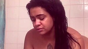 damn, fresh faced slut bares her huge ass and pounds pussy with dildo in steamy shower!