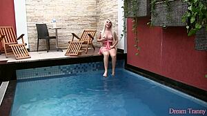 Blonde tranny Carol Penelope rides rubber cock solo