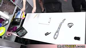 English shoplifter milf pussy wrecked by two horny guards ffm blowjob tits reality pov