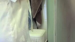 stepmom grabs my big cock in shower helps me jerk off till i cum on her huge tits