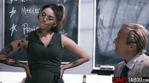 Kinky tattooed teen Vanessa Vega gags on teacher's thick cock deepthroat