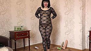 Cute brunette in sexy stockings rides huge dildo cowgirl then gaps shaved pussy doggystyle home fetish