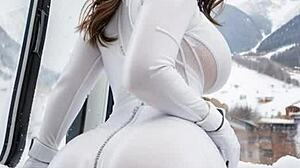 leather-clad beauty fucks publicly at ski resort!