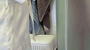 stepmom grabs my big cock in shower helps me jerk off till i cum on her huge tits