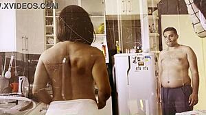 fitness exhibitionist slut cooks then bends over for athletic anal doggystyle assfucking