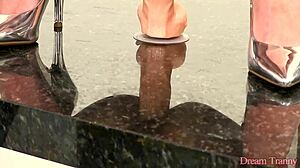 Blonde tgirl Barbara Perez anal dildo fucks to explosive cumshot solo