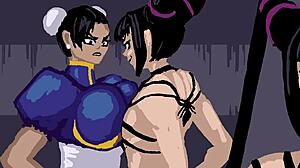 Juri dominates Chun-Li in brutal street fight sex mastery game