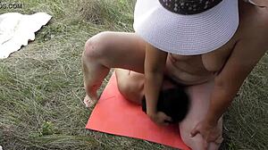 Hairy Mature Facesits and Pees on Face Outdoor Public