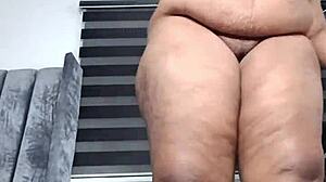 Mara Exotic fat belly milf stands masturbates to squirting orgasm full video red panties