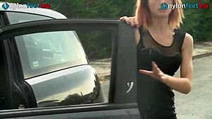 Redhead Ballerina Pedal Pumps Upskirt Stockings Car Hidden Cam
