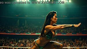 Muscular amazon bodybuilder wrestler dominates with flexing huge athletic physique in bikini