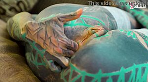 skinny tattoo slut gaps her asshole wide with huge xl dildo in fishnets and heels