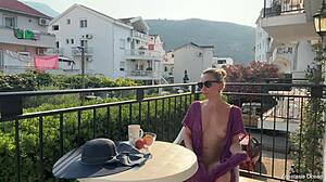 check out this hot blonde wife flashing her shaved pussy outdoors completely nude
