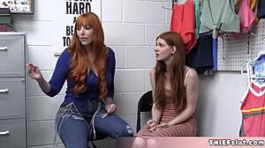 Redhead milf and petite teen shoplifter fucked rough by mall cop after bust.