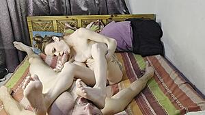 Petite milf's small tits and feet worshipped before POV blowjob on big cock