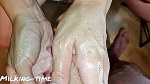 Pretty British Mistress with Pink Nails Milks Oiled Slave's Monster Cock Four Times for Cum